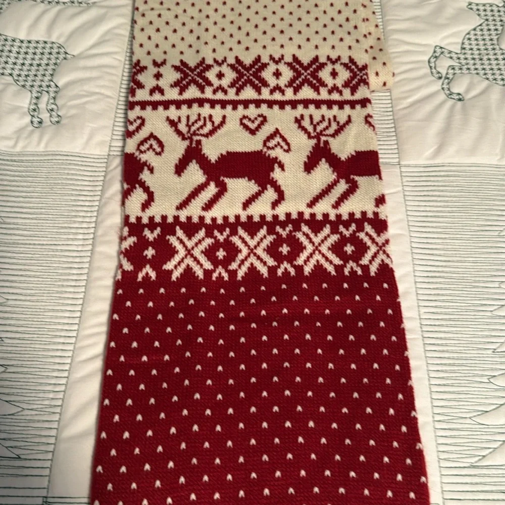 Rikka Red and Cream Festive Knit Scarf with Reindeer Pattern-48”x9” -NWT